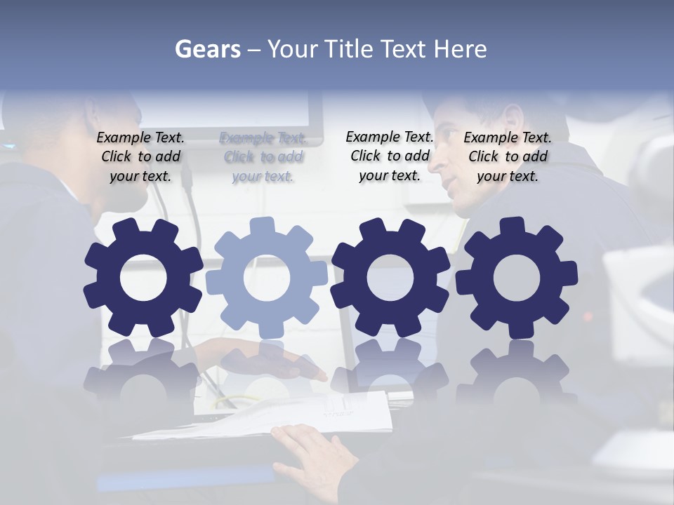 A Couple Of Men Sitting In Front Of A Laptop Computer PowerPoint Template