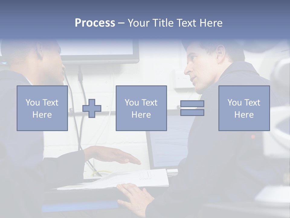 A Couple Of Men Sitting In Front Of A Laptop Computer PowerPoint Template