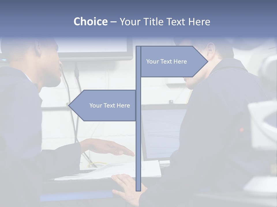 A Couple Of Men Sitting In Front Of A Laptop Computer PowerPoint Template