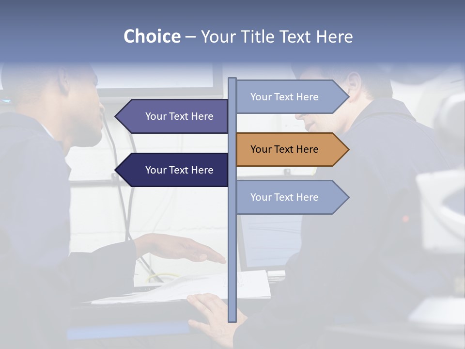 A Couple Of Men Sitting In Front Of A Laptop Computer PowerPoint Template