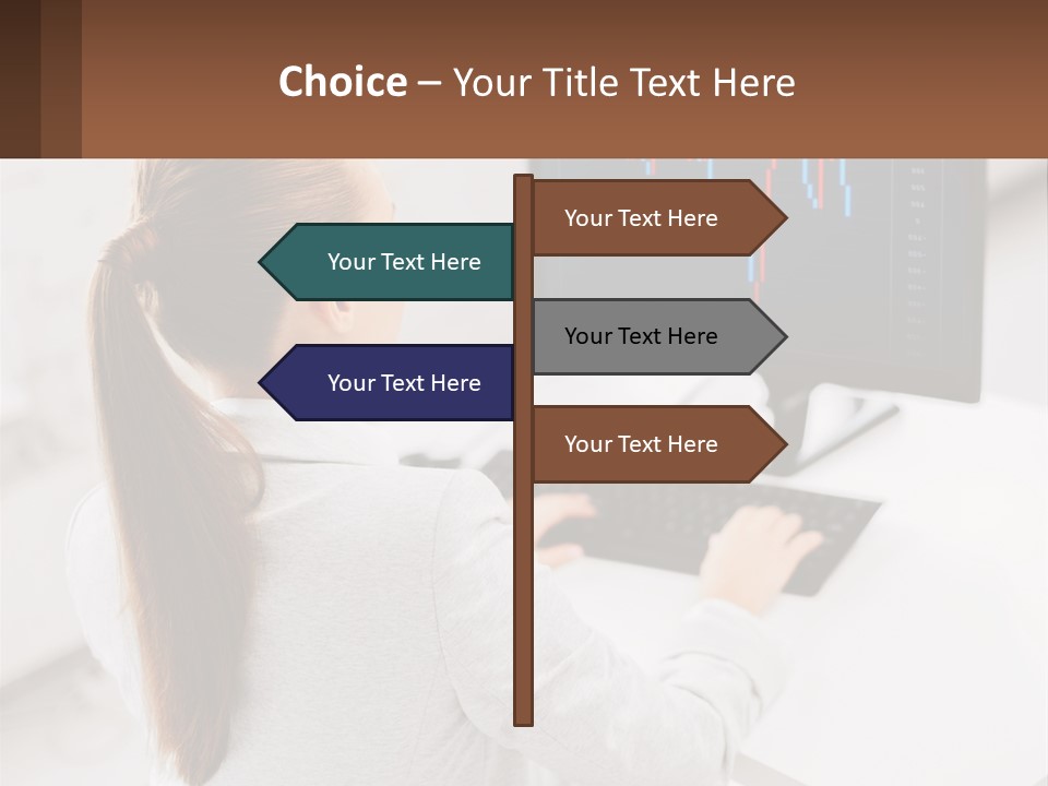A Woman Sitting At A Desk With A Computer PowerPoint Template