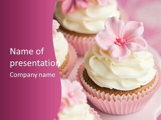 Three Cupcakes With White Frosting And A Pink Flower On Top PowerPoint Template
