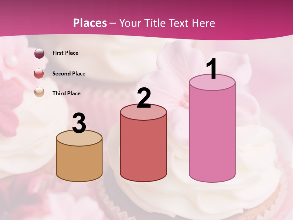 Three Cupcakes With White Frosting And A Pink Flower On Top PowerPoint Template