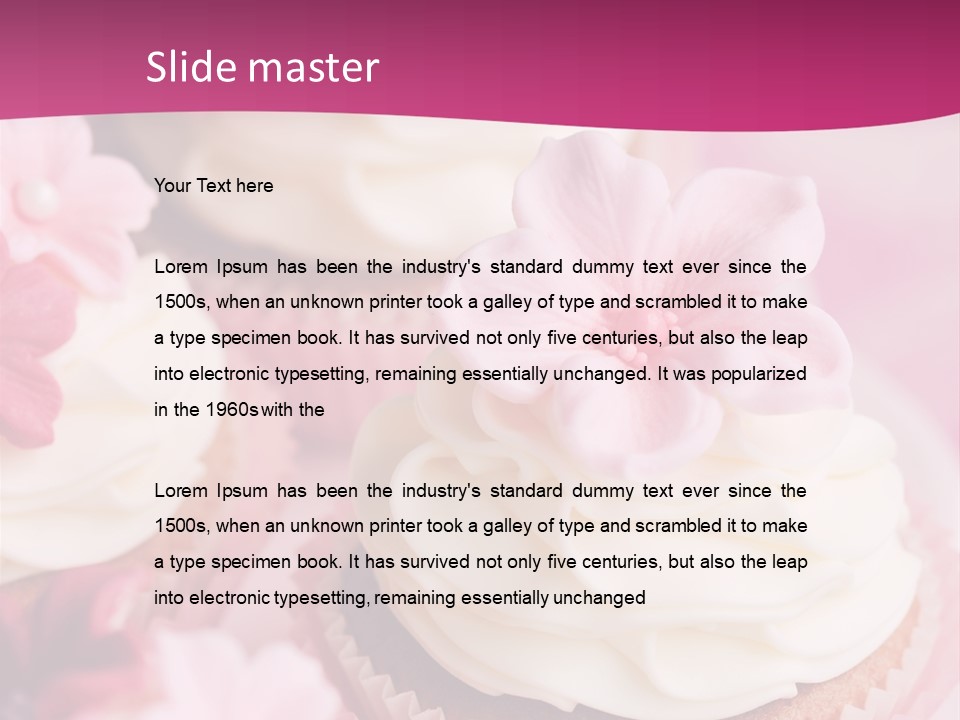 Three Cupcakes With White Frosting And A Pink Flower On Top PowerPoint Template