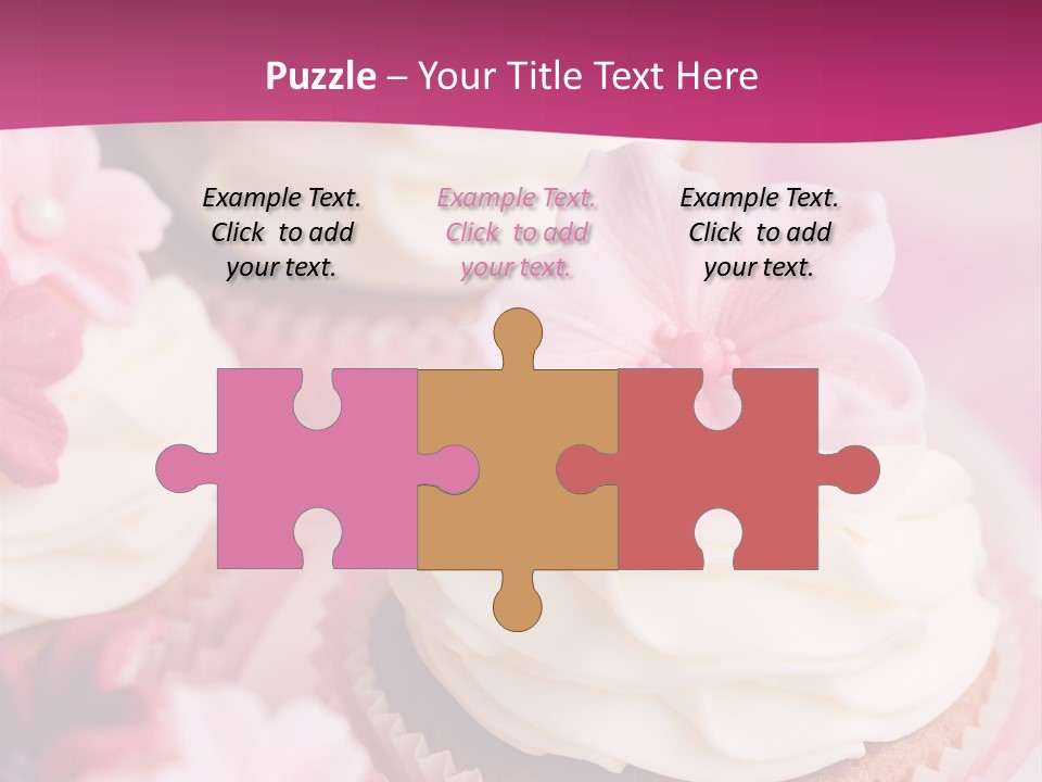 Three Cupcakes With White Frosting And A Pink Flower On Top PowerPoint Template