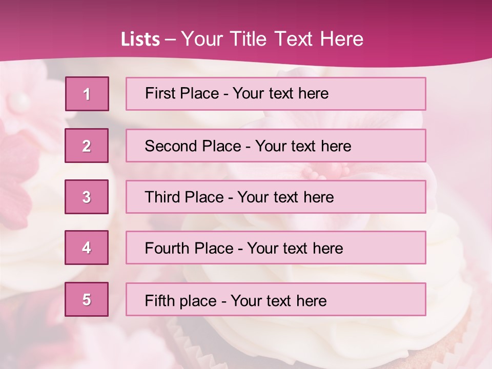 Three Cupcakes With White Frosting And A Pink Flower On Top PowerPoint Template