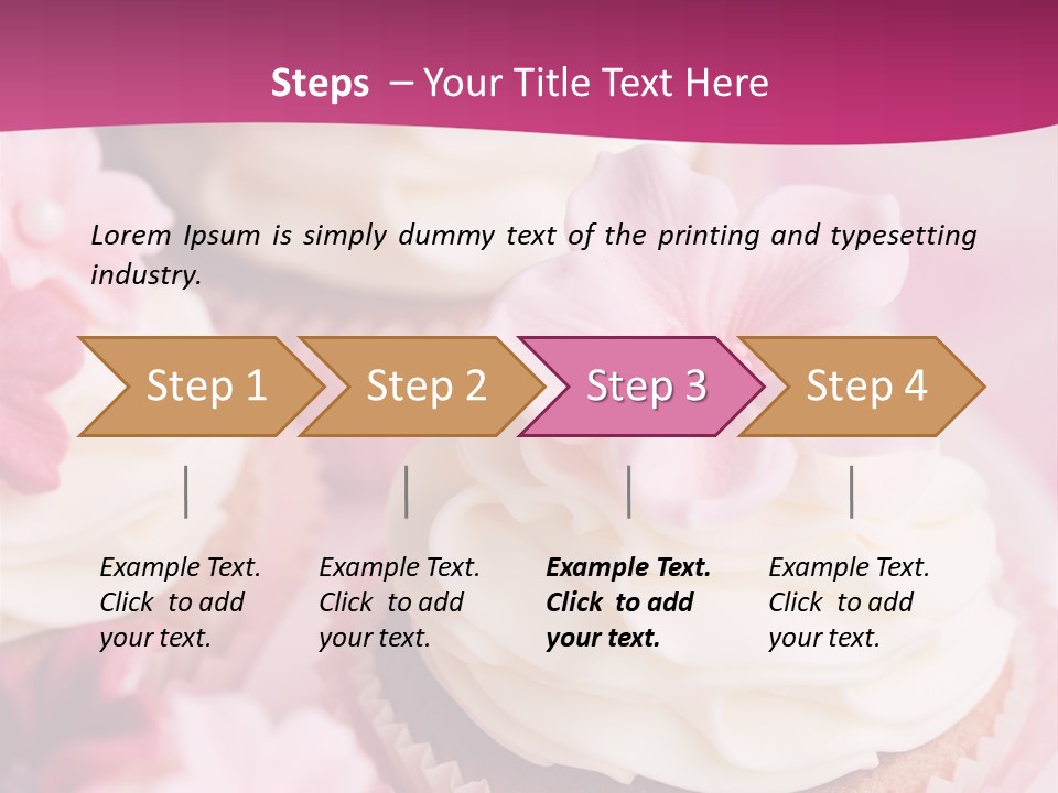 Three Cupcakes With White Frosting And A Pink Flower On Top PowerPoint Template