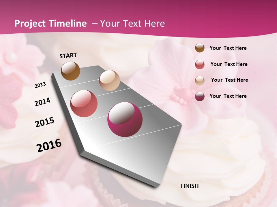 Three Cupcakes With White Frosting And A Pink Flower On Top PowerPoint Template