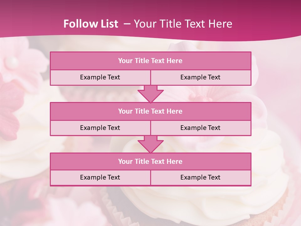 Three Cupcakes With White Frosting And A Pink Flower On Top PowerPoint Template