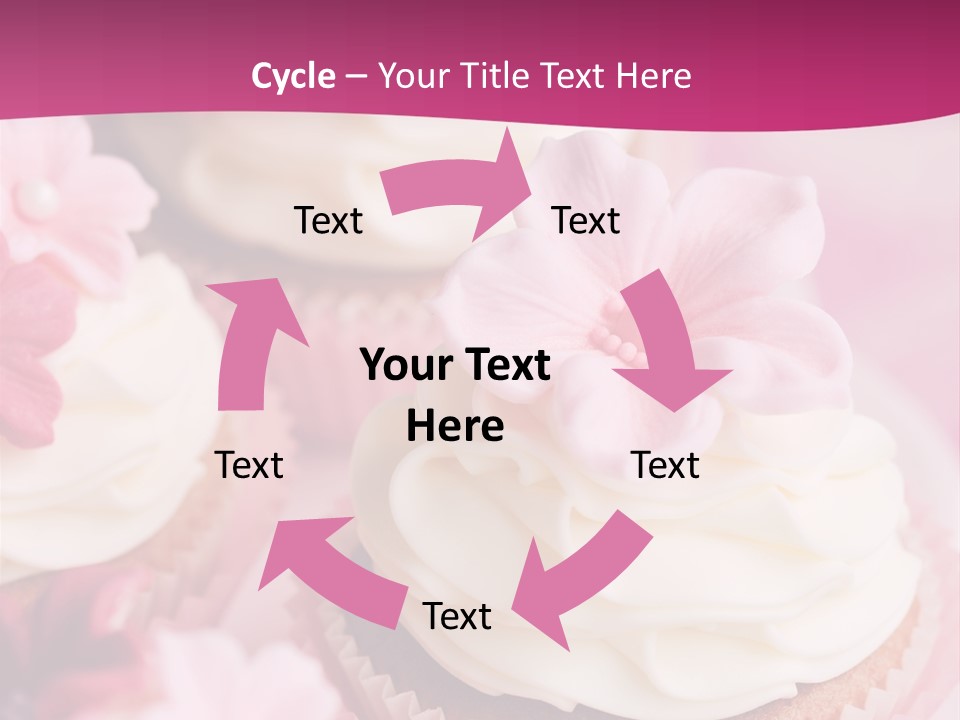 Three Cupcakes With White Frosting And A Pink Flower On Top PowerPoint Template