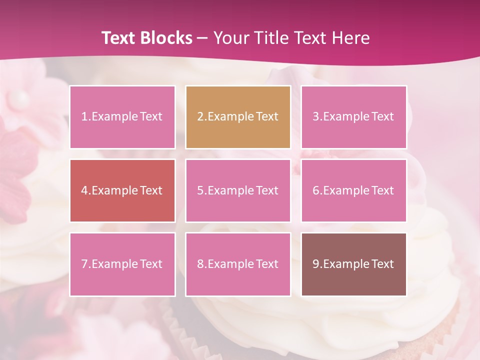 Three Cupcakes With White Frosting And A Pink Flower On Top PowerPoint Template