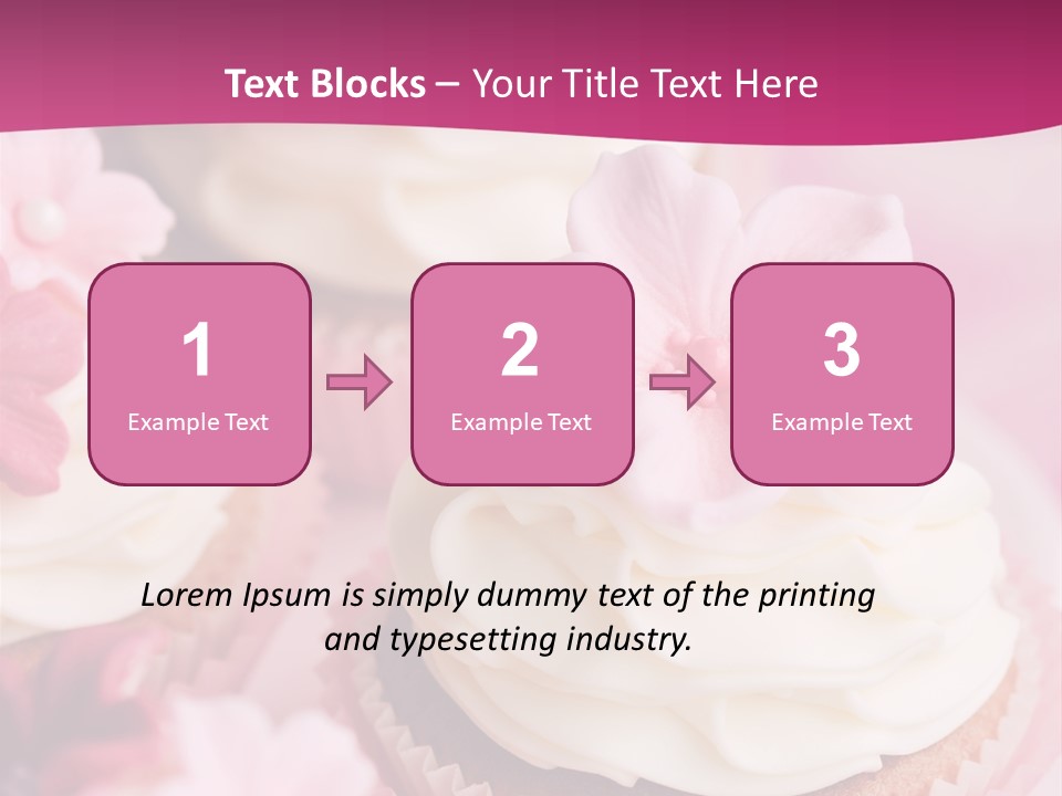 Three Cupcakes With White Frosting And A Pink Flower On Top PowerPoint Template