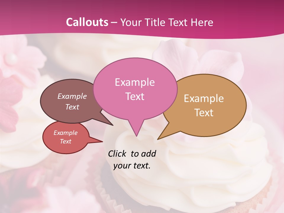 Three Cupcakes With White Frosting And A Pink Flower On Top PowerPoint Template
