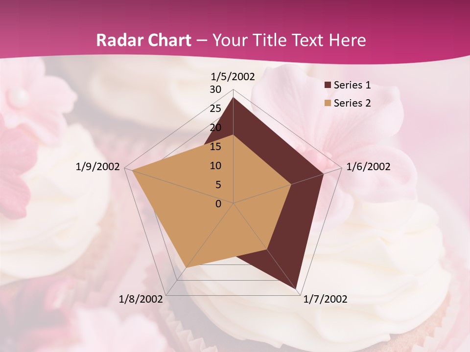 Three Cupcakes With White Frosting And A Pink Flower On Top PowerPoint Template