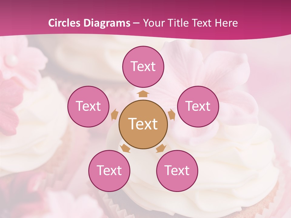 Three Cupcakes With White Frosting And A Pink Flower On Top PowerPoint Template