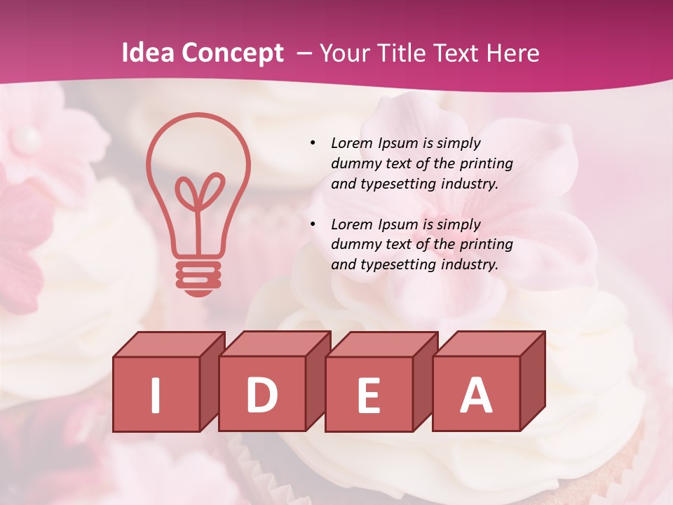 Three Cupcakes With White Frosting And A Pink Flower On Top PowerPoint Template