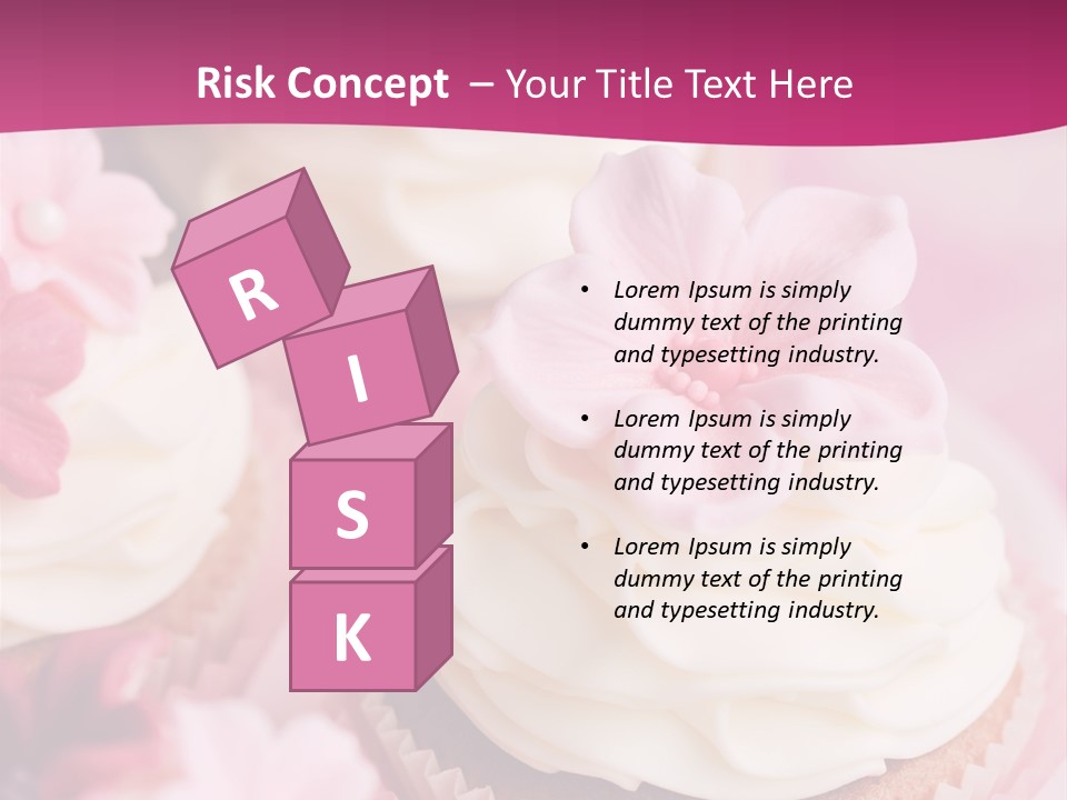 Three Cupcakes With White Frosting And A Pink Flower On Top PowerPoint Template