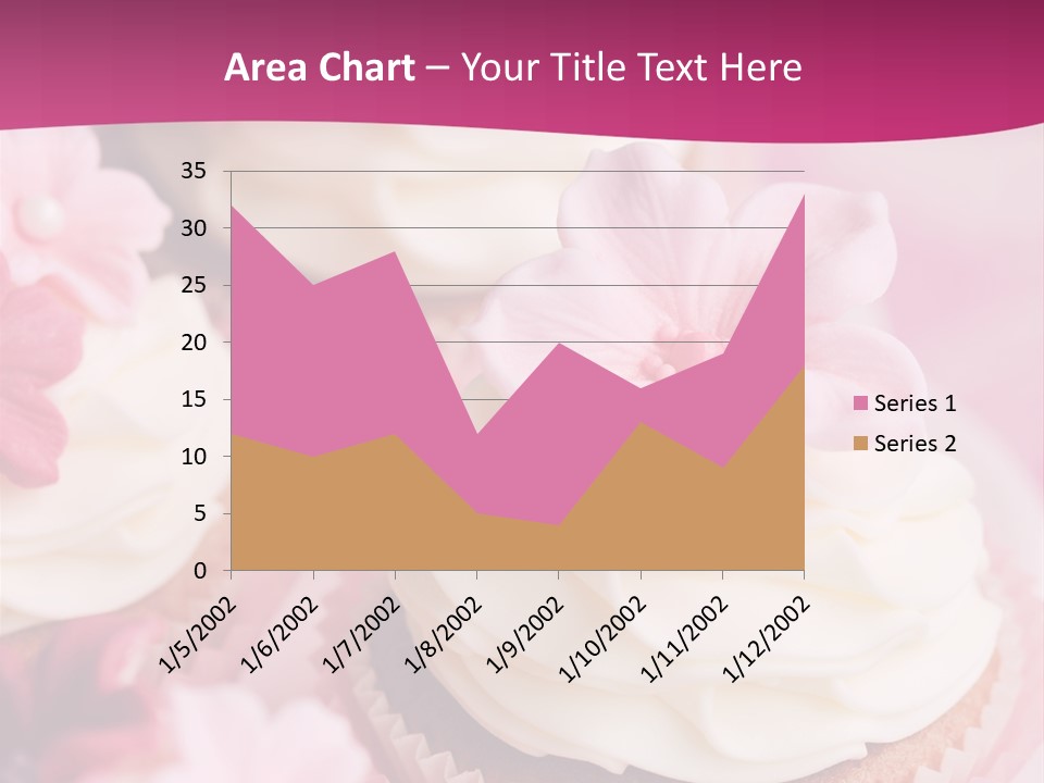 Three Cupcakes With White Frosting And A Pink Flower On Top PowerPoint Template