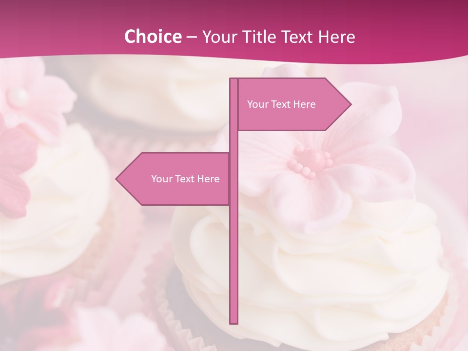 Three Cupcakes With White Frosting And A Pink Flower On Top PowerPoint Template