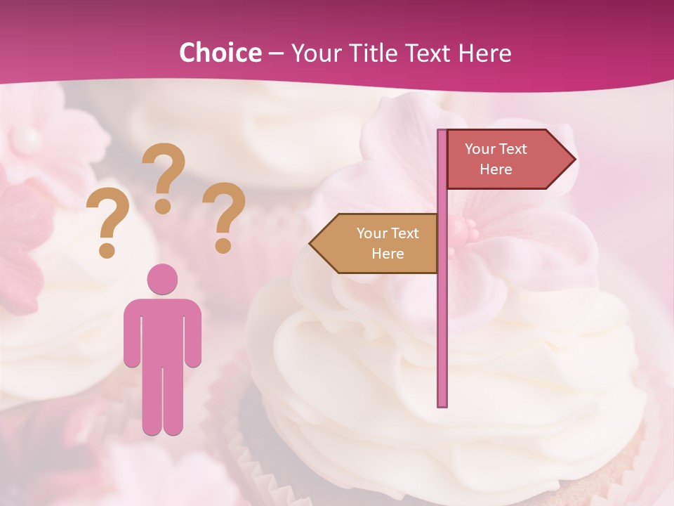 Three Cupcakes With White Frosting And A Pink Flower On Top PowerPoint Template