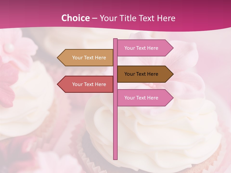 Three Cupcakes With White Frosting And A Pink Flower On Top PowerPoint Template