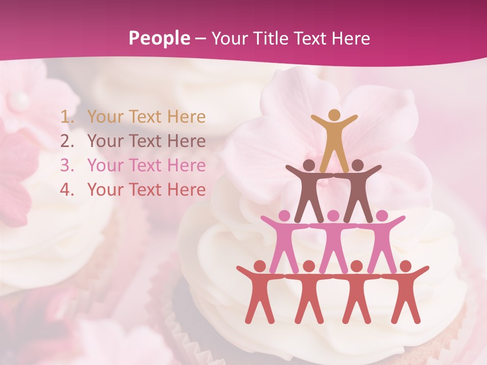 Three Cupcakes With White Frosting And A Pink Flower On Top PowerPoint Template