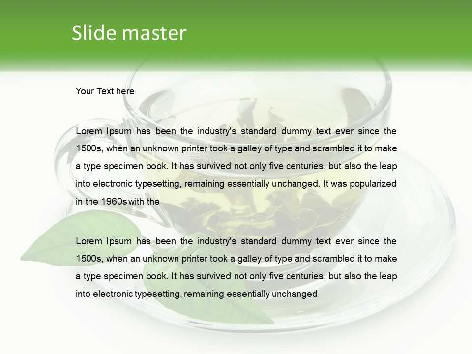 A Cup Of Green Tea With Leaves On A Saucer PowerPoint Template