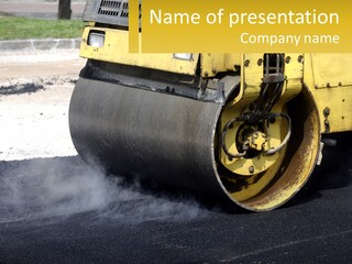 A Yellow Bulldozer Is Moving Down The Road PowerPoint Template