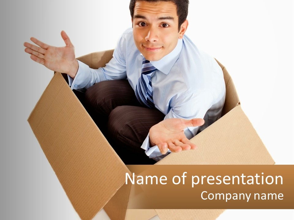 A Man Sitting In A Cardboard Box With His Hands Out PowerPoint Template