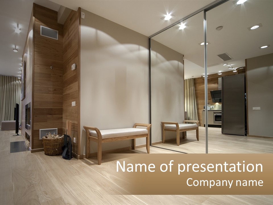 A Room With A Mirror And A Bench In It PowerPoint Template