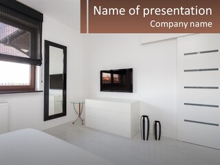 A Bedroom With A Bed, Dresser, Mirror And Television PowerPoint Template