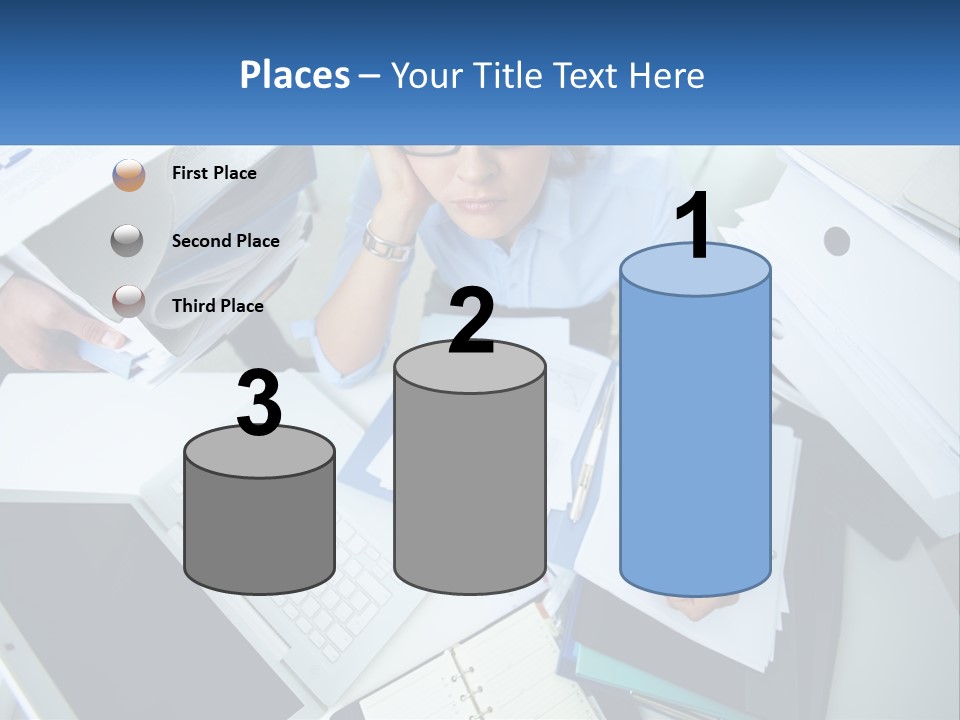 A Woman Sitting At A Desk With A Laptop And Papers PowerPoint Template