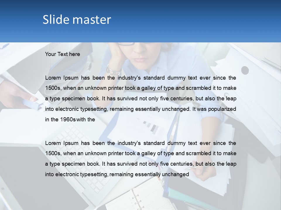 A Woman Sitting At A Desk With A Laptop And Papers PowerPoint Template