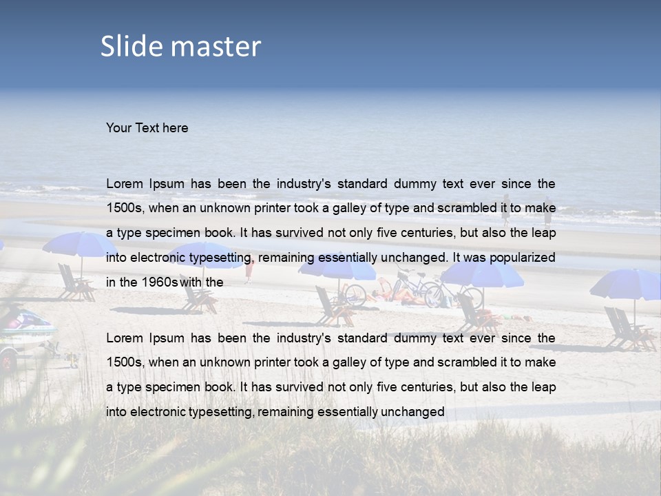 A Group Of Beach Chairs And Umbrellas On A Beach PowerPoint Template