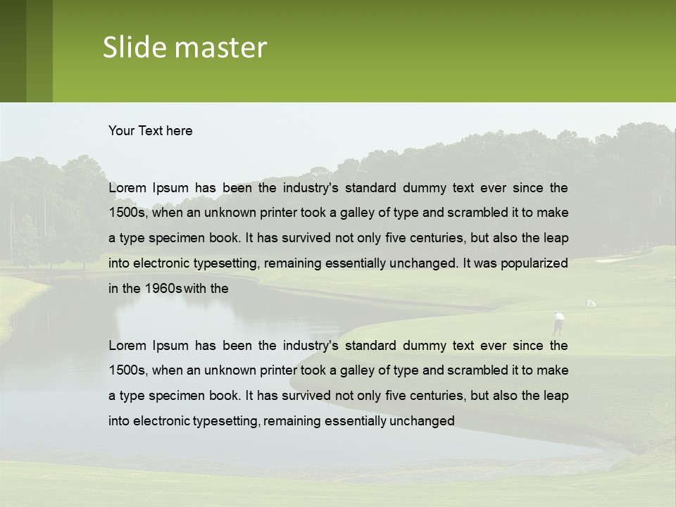A Golf Course With Water And Trees In The Background PowerPoint Template