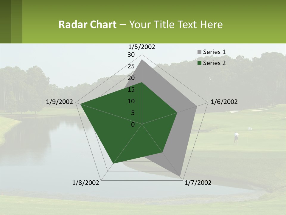 A Golf Course With Water And Trees In The Background PowerPoint Template