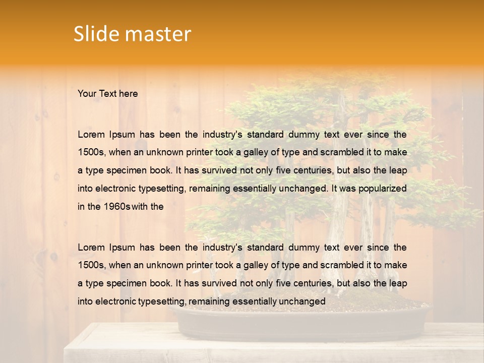A Bonsai Tree On A Table In Front Of A Wooden Wall PowerPoint Template