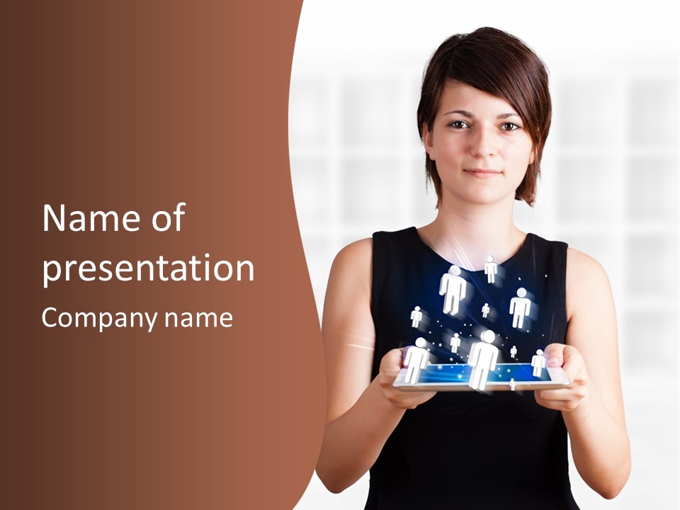 A Woman Holding A Tablet With A Group Of People On It PowerPoint Template