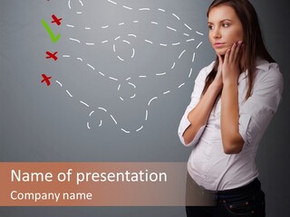 A Woman Standing In Front Of A Gray Wall With Arrows Drawn On It PowerPoint Template