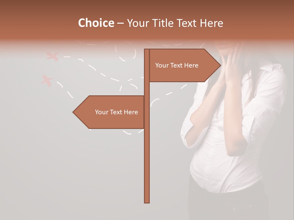 A Woman Standing In Front Of A Gray Wall With Arrows Drawn On It PowerPoint Template