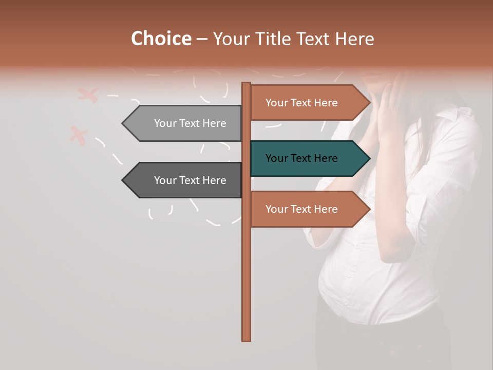 A Woman Standing In Front Of A Gray Wall With Arrows Drawn On It PowerPoint Template