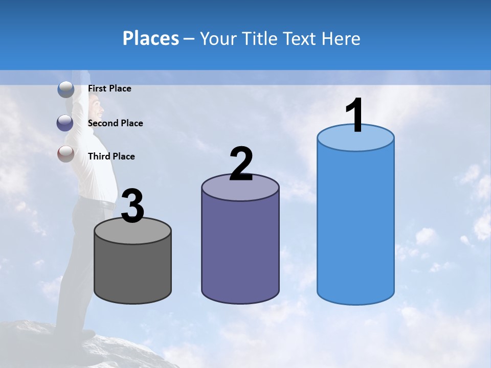 A Man Standing On Top Of A Rock With His Arms In The Air PowerPoint Template