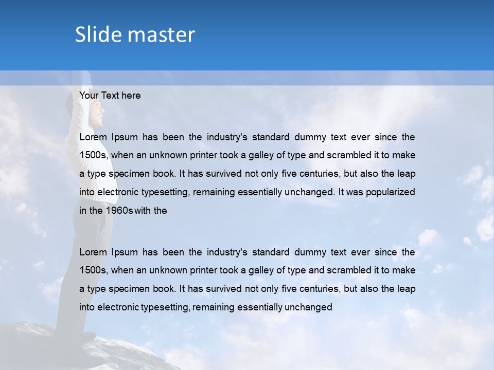 A Man Standing On Top Of A Rock With His Arms In The Air PowerPoint Template