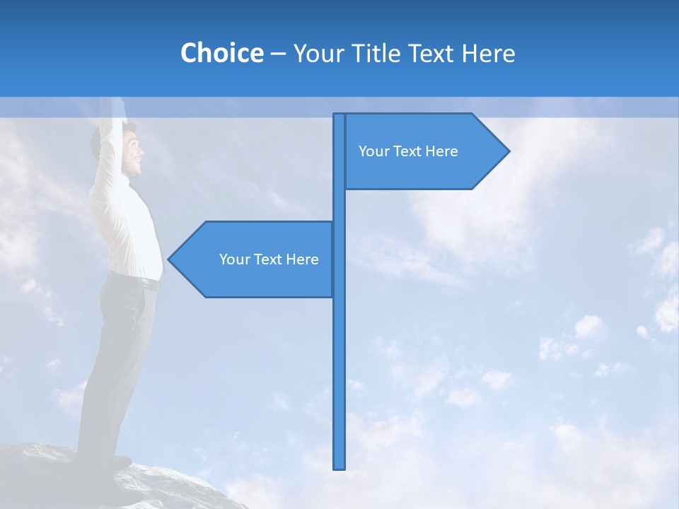 A Man Standing On Top Of A Rock With His Arms In The Air PowerPoint Template