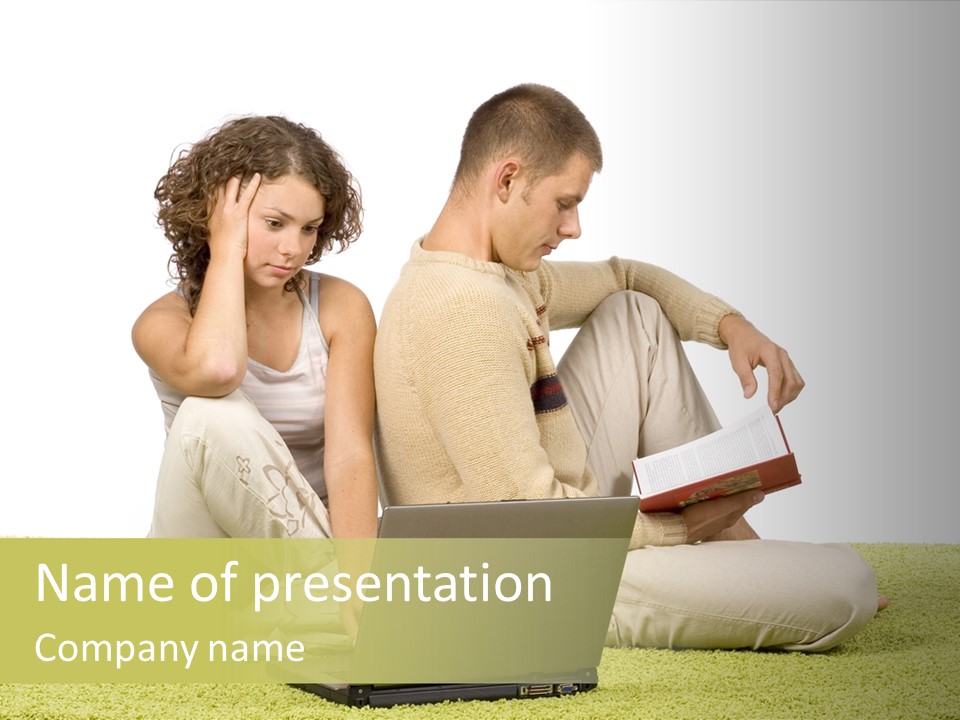A Man And A Woman Sitting On The Floor With A Laptop PowerPoint Template