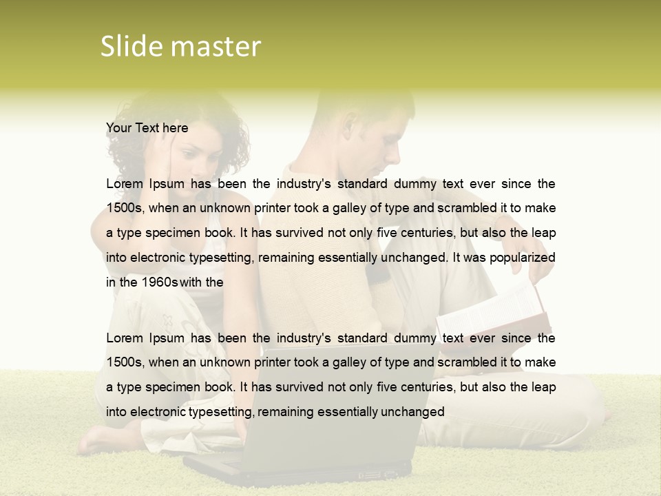 A Man And A Woman Sitting On The Floor With A Laptop PowerPoint Template