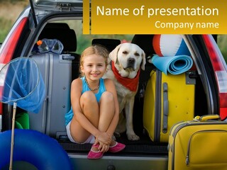 A Little Girl Sitting In The Back Of A Car With A Dog PowerPoint Template