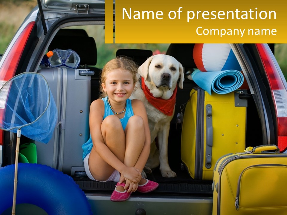 A Little Girl Sitting In The Back Of A Car With A Dog PowerPoint Template