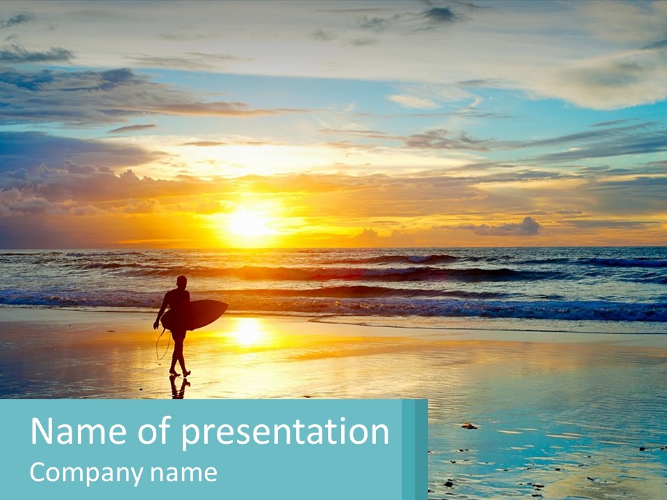 A Person Holding A Surfboard On A Beach At Sunset PowerPoint Template