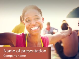 A Woman Is Smiling While Sitting On The Beach PowerPoint Template